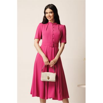 Rochie DY Fashion midi fucsia in clos din triplu voal cu nasturi la bust si curea in talie