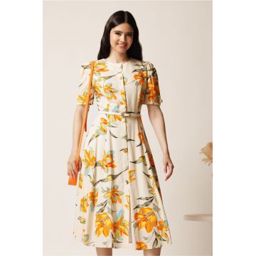 Rochie DY Fashion midi ivory in clos cu imprimeuri portocalii si curea in talie