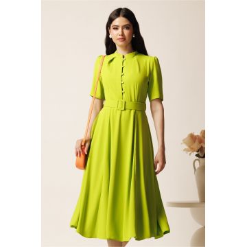 Rochie DY Fashion midi lime in clos din triplu voal cu nasturi la bust si curea in talie