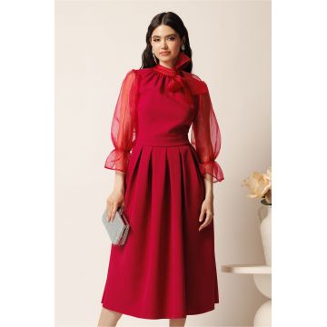 Rochie DY Fashion midi magenta din stofa in clos cu maneci si funda din organza