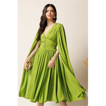 Rochie DY Fashion midi verde crud din voal in clos cu nasturi si maneci ample