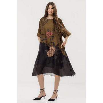 Rochie eleganta satinata A-line cu croiala lejera si imprimeu floral in tonuri de maro si negru
