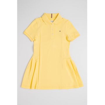 Rochie evazata cu guler polo si pliuri - Galben