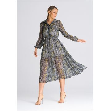 Rochie  evazata - guler gri - floral - poliester