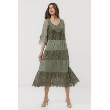 Rochie lunga din matase naturala cu detalii din dantela, kaki