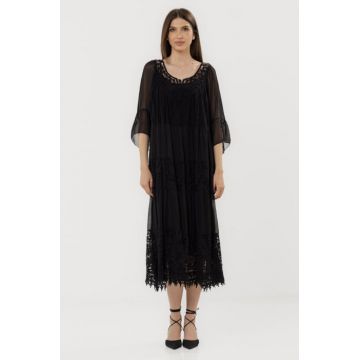 Rochie lunga din matase naturala cu detalii din dantela, neagra