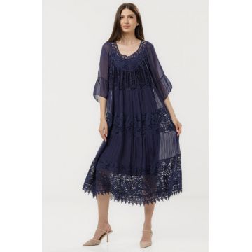 Rochie lunga din matase si vascoza cu detalii din dantela, bleumarin