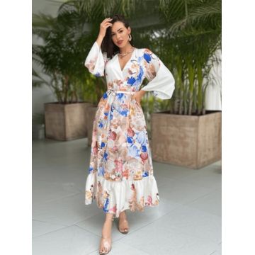 Rochie lunga din material satinat cu imprimeu floral ,   Marime universala