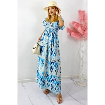 Rochie lunga ISHANI, cu aspect matasos si ciucuri decorativi, Albastru, Marime S/M/L