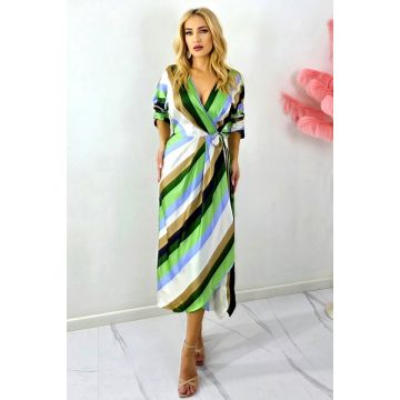 Rochie lunga satinata NALINI, cu cordon si aspect petrecut, Verde