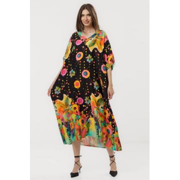 Rochie maxi A-line din vascoza si matase, cu imprimeu artistic si croiala lejera