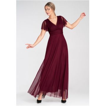 Rochie maxi  burgundy - maneci scurte - decolteu adanc - material elastic -