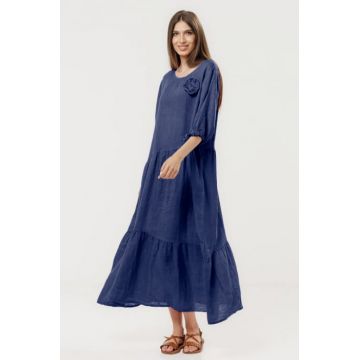 Rochie maxi de vara din in albastru marin cu croi lejer si floare decorativa