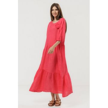 Rochie maxi de vara din in roz fragola cu croi lejer si floare decorativa