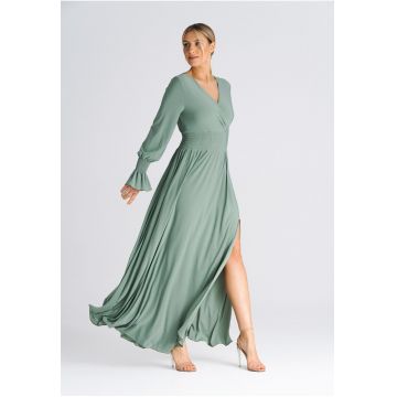 Rochie maxi  decolteu in V - talie elastica - verde - poliester 95% - elastan 5% -