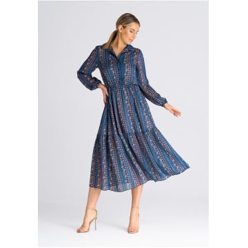 Rochie maxi  M942 - florala - albastru - cu maneca lunga - din poliester -