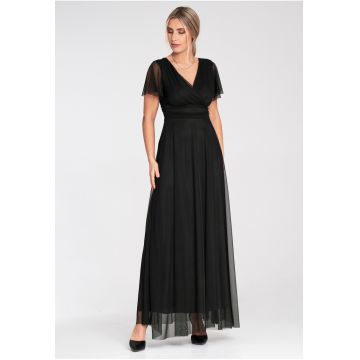 Rochie maxi -  neagra - plasa - eleganta - cu maneci scurte - croiala petrecuta -