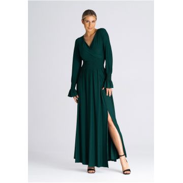 Rochie maxi  verde - decolteu in V - talie elastica - poliester 95% - elastan 5% -