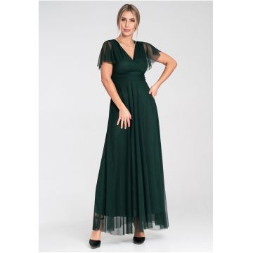 Rochie maxi  verde - plasa - cu maneci scurte - decolteu plic - pentru femei -