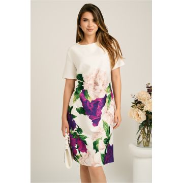 Rochie midi alba cu flori mov din stofa cu croi drept