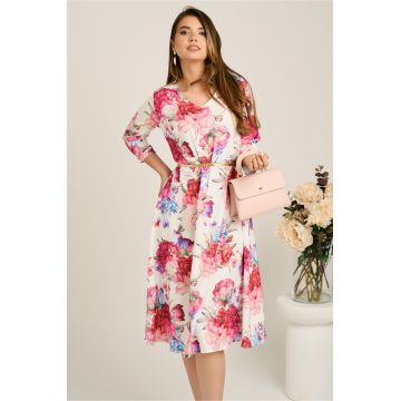 Rochie midi alba in clos din stofa cu flori fucsia si curea in talie