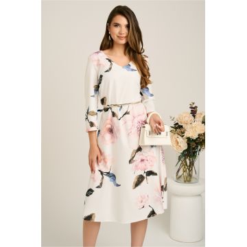 Rochie midi alba in clos din stofa cu trandafiri maxi roz si curea in talie