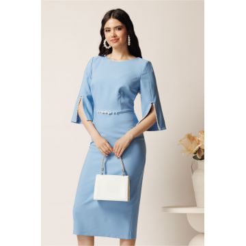 Rochie midi bleu din stofa conica cu perle la maneci si in talie- LaDonna