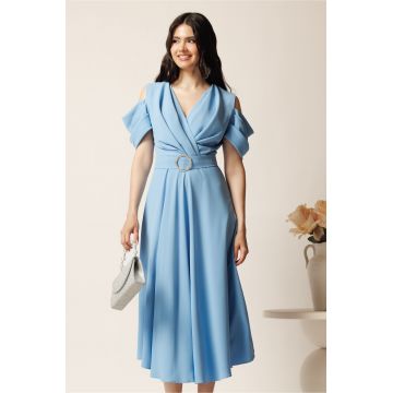 Rochie midi bleu din voal in clos cu decupaje la umeri si cordon in talie- LaDonna