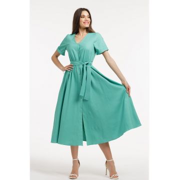 Rochie midi cu croiala evazata si cordon in talie