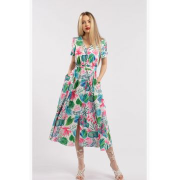 Rochie midi cu croiala evazata si cordon in talie
