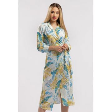 Rochie midi cu croiala petrecuta si slit frontal