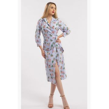 Rochie midi cu croiala petrecuta si slit frontal