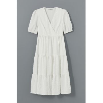 Rochie midi cu decolteu in V si croiala evazata