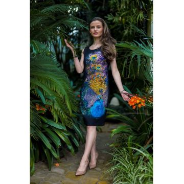 Rochie midi dreapta cu imprimeu cu paun