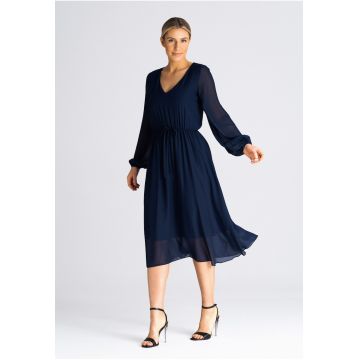 Rochie midi evazata -  bleumarin - cu maneci bufante - poliester