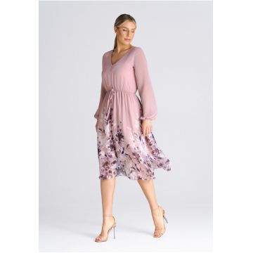 Rochie midi evazata -  roz - poliester