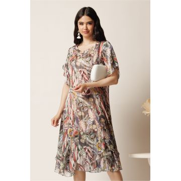 Rochie midi gri din voal in clin cu imprimeu floral roz si volane la baza