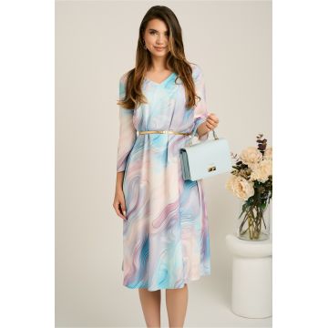 Rochie midi gri in clos din stofa cu imprimeu turcoaz si curea in talie