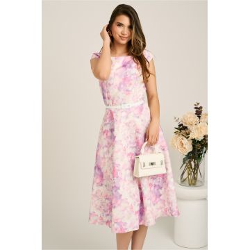 Rochie midi lila cu flori in clos cu buzunare si curea in talie