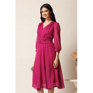 Rochie midi magenta in clos din voal cu fir lurex- Ella Collection Gina