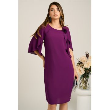 Rochie midi mov din voal cu croi drept accesorizata cu floare- Viada