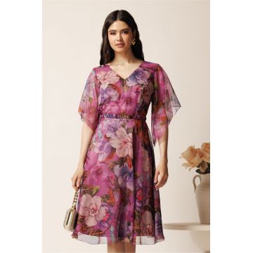Rochie midi mov din voal in clos cu flori si cordon in talie- Viada