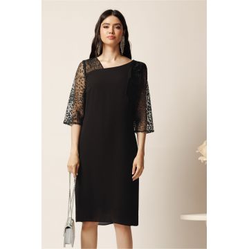 Rochie midi neagra din voal cu croi drept si glitter pe maneci- Viada