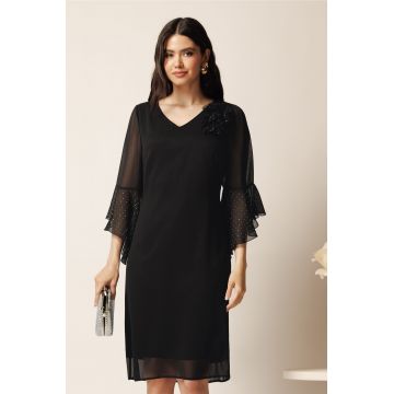 Rochie midi neagra din voal cu croi drept si strasuri pe maneci- Viada