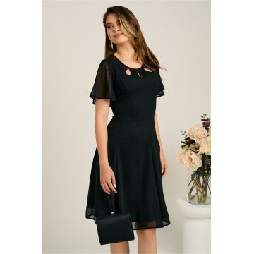 Rochie midi neagra din voal in clin cu insertii din lurex si decupaje la decolteu