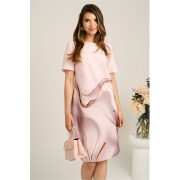Rochie midi roz cu imprimeu maro din stofa cu croi drept