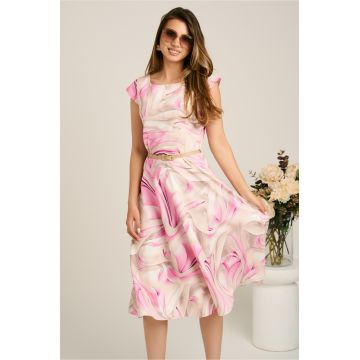 Rochie midi roz cu prin bej in clos cu buzunare si curea in talie