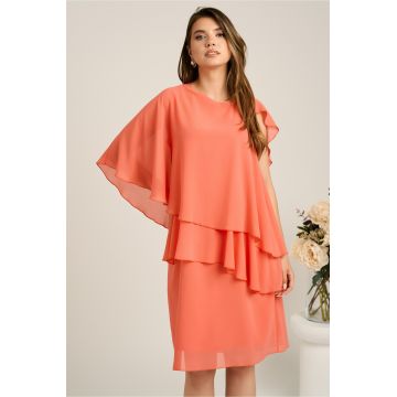 Rochie midi roz somon din voal cu capa si croi drept