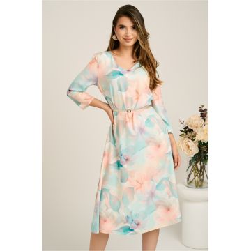 Rochie midi turcoaz in clos din stofa cu flori somon si curea in talie