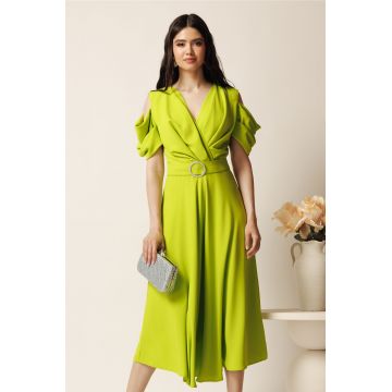 Rochie midi verde crud din voal in clos cu decupaje la umeri si cordon in talie-LaDonna